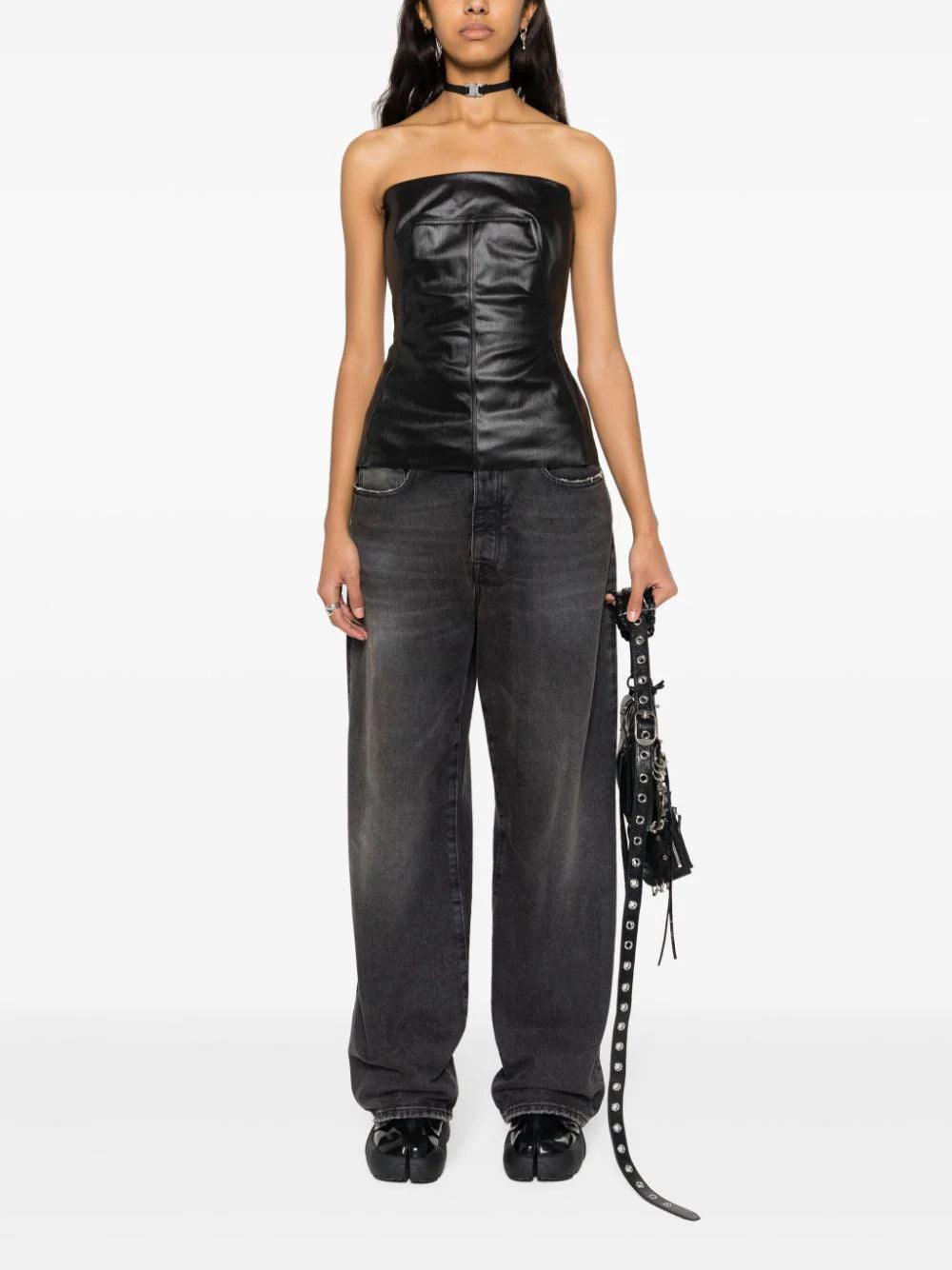RICK OWENS Lido Bustier Top In Gun Metal Coated Stretch Denim