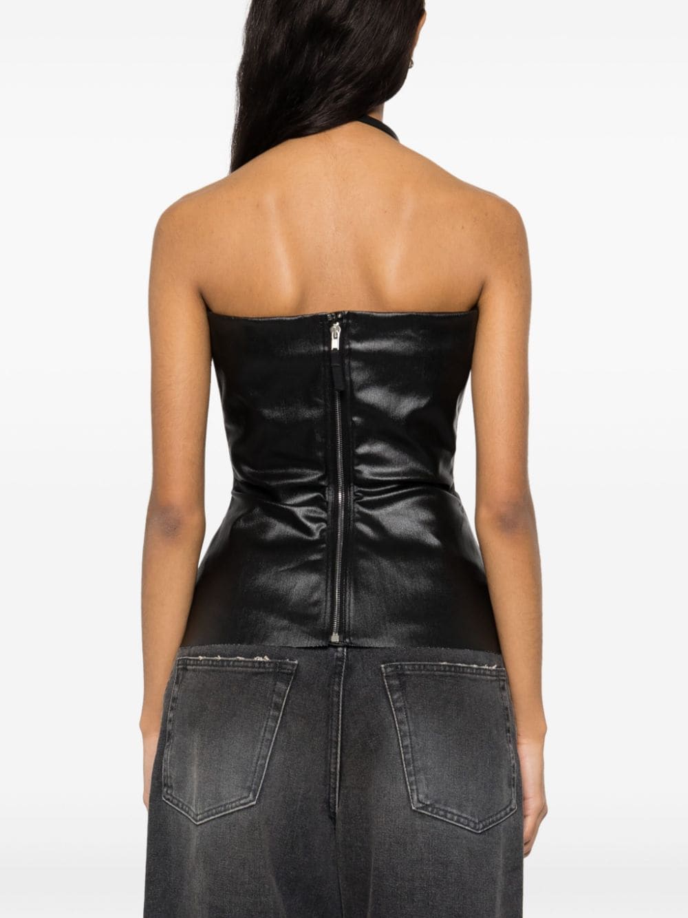RICK OWENS Lido Bustier Top In Gun Metal Coated Stretch Denim