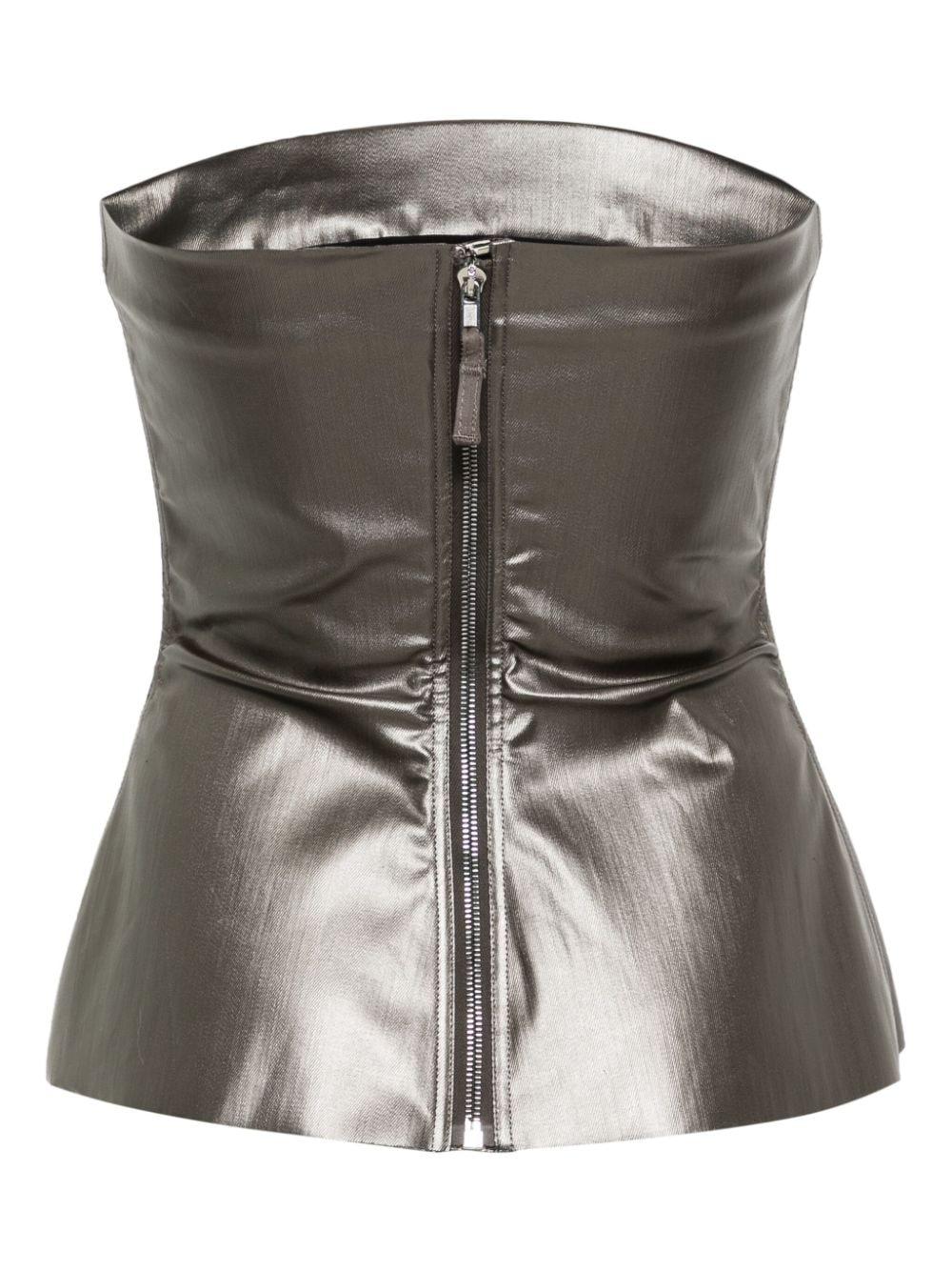 RICK OWENS Lido Bustier Top In Gun Metal Coated Stretch Denim