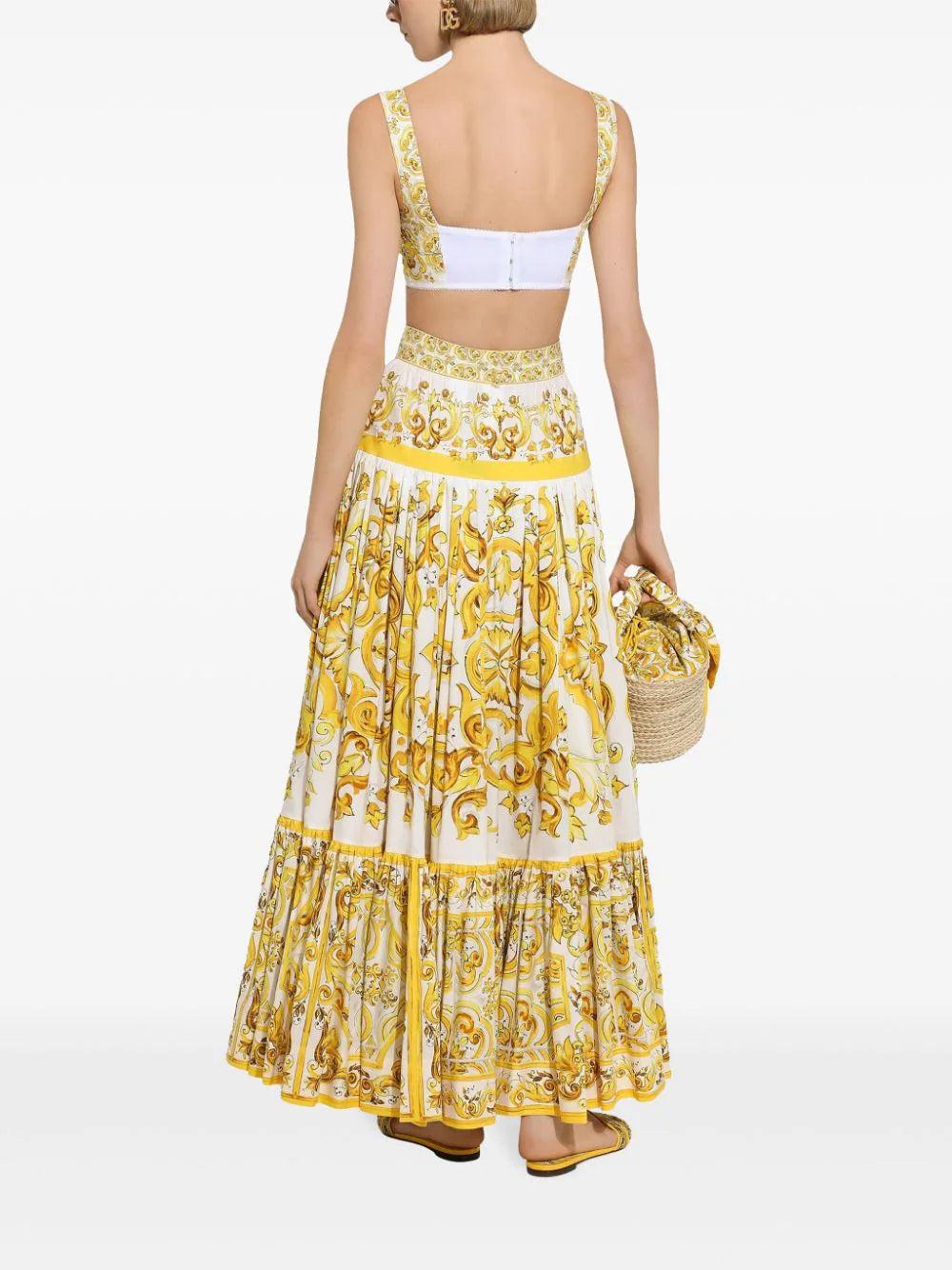 Dolce & Gabbana Long Majolica-print Poplin Skirt With Ruffles