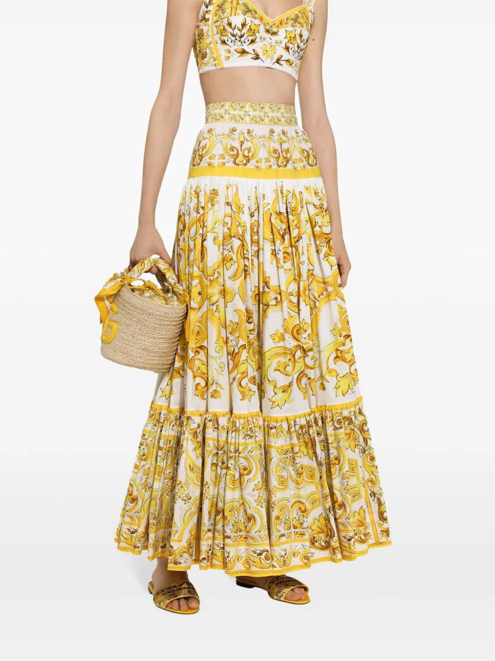 Dolce & Gabbana Long Majolica-print Poplin Skirt With Ruffles