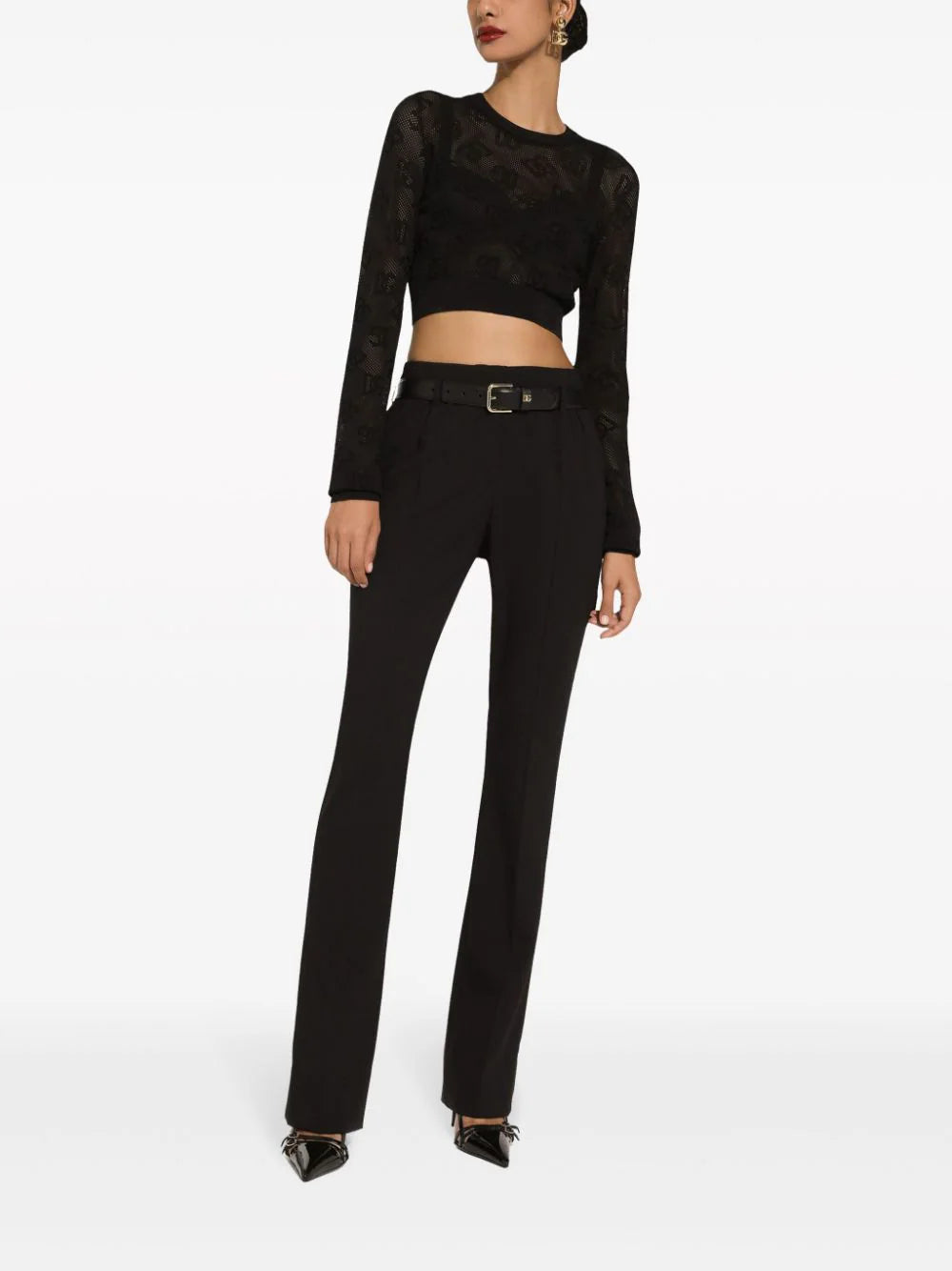 Dolce & Gabbana Maglia Cropped In Viscosa Punto Rete Con Logo Dg Jacquard All Over
