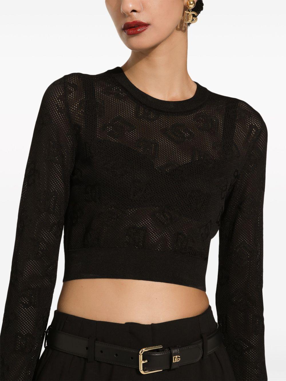 Dolce & Gabbana Maglia Cropped In Viscosa Punto Rete Con Logo Dg Jacquard All Over