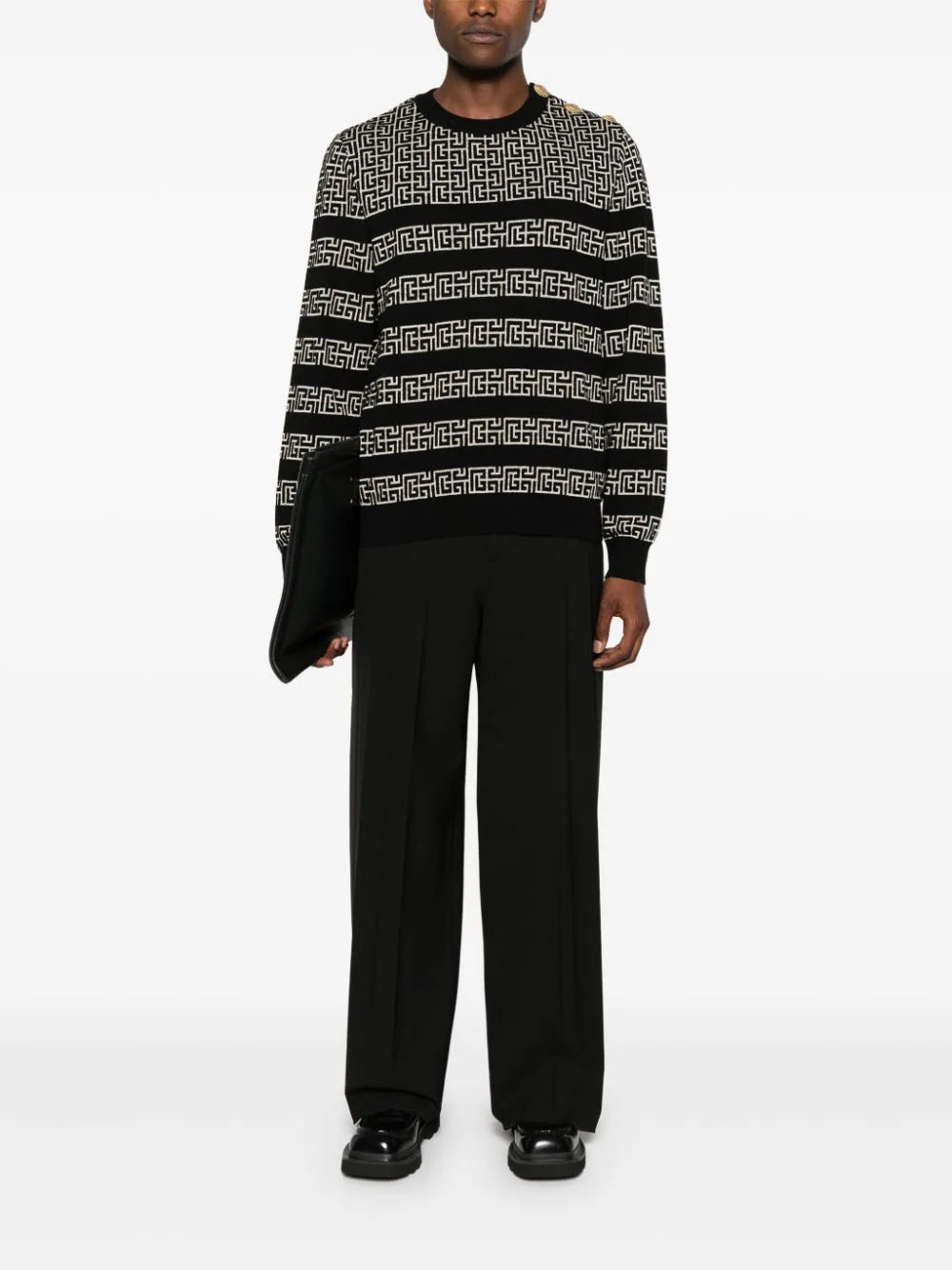 BALMAIN Marinière Wool And Linen Pullover With Pb Labyrinth Monogram