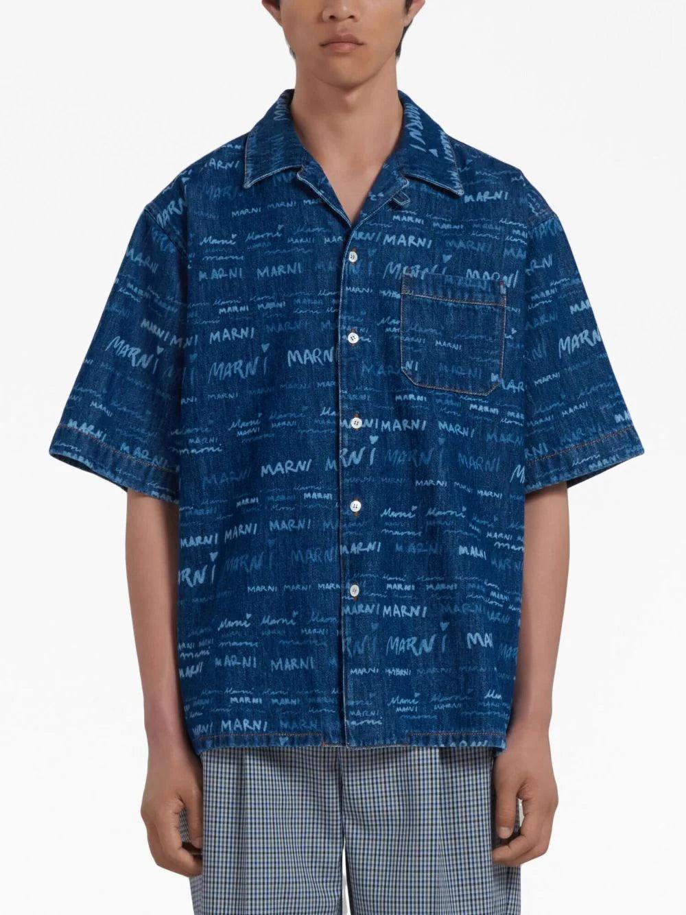 MARNI Blue Denim Shirt With Mega Marni Motif