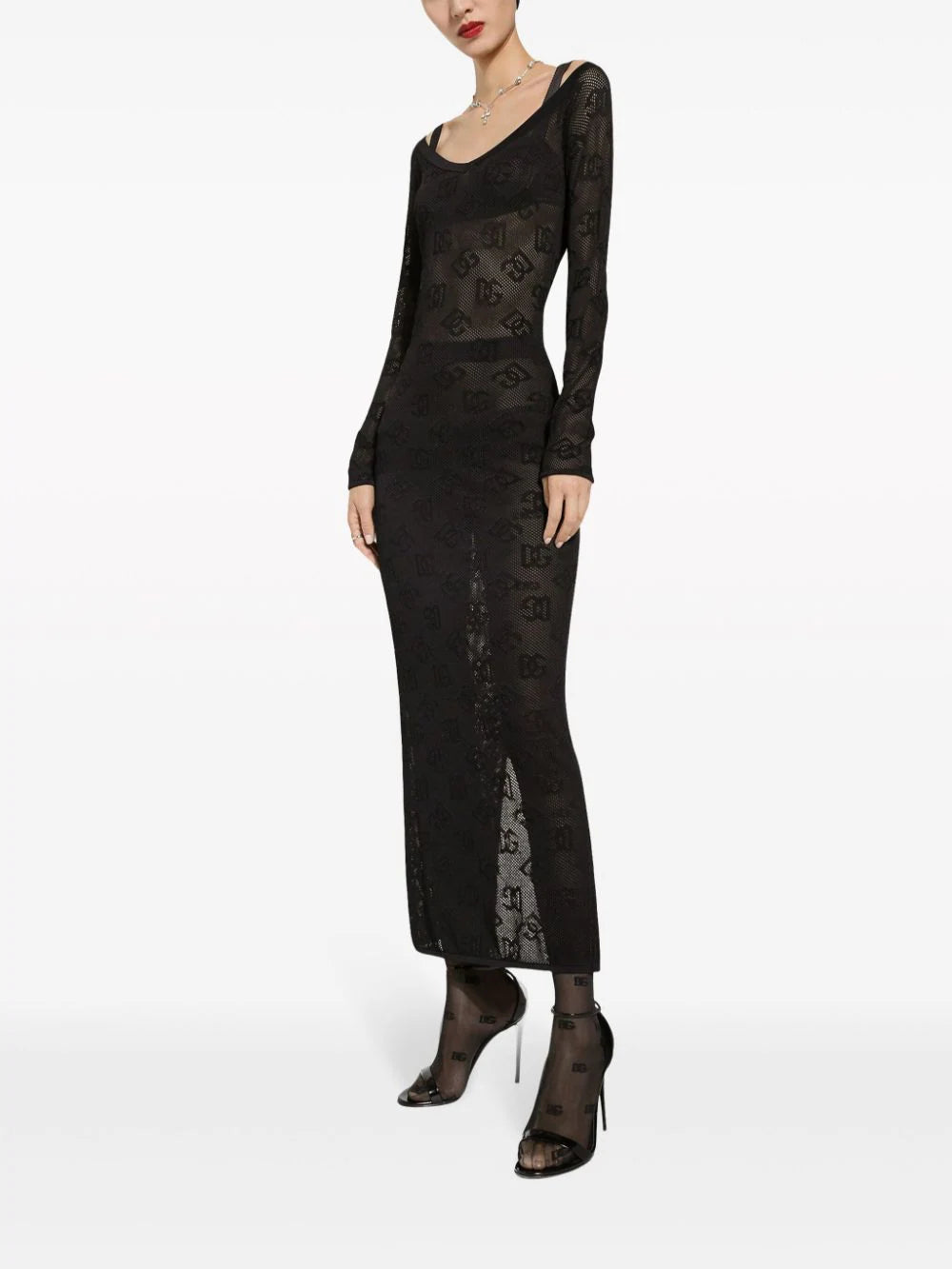 Dolce & Gabbana Mesh-stitch Sheath Dress With Jacquard Dg Logo