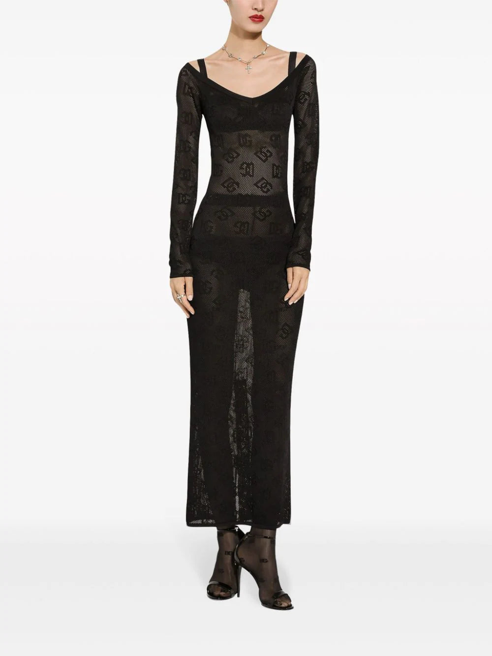 Dolce & Gabbana Mesh-stitch Sheath Dress With Jacquard Dg Logo