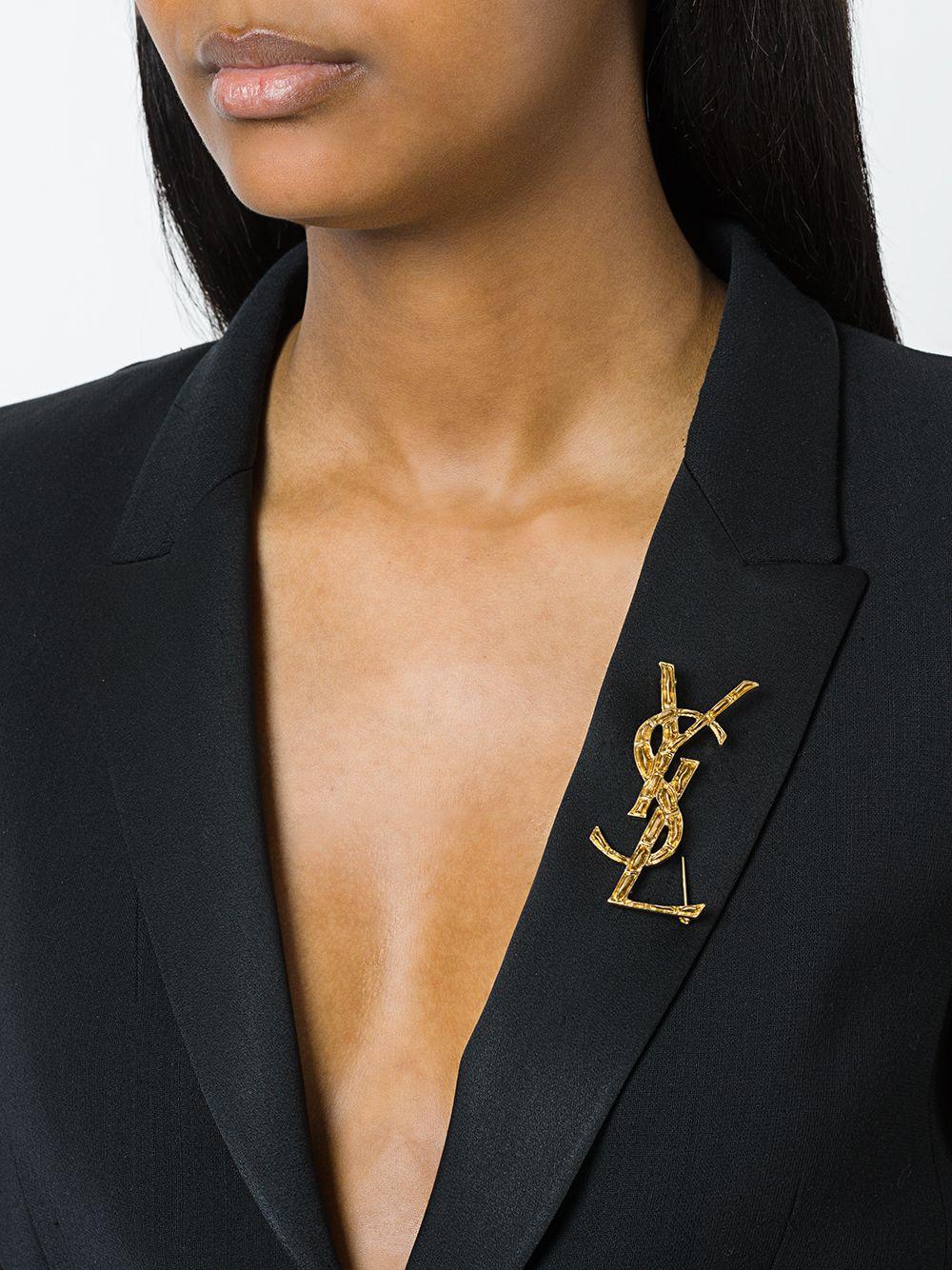 Saint Laurent Opyum Ysl Crocodile Brooch In Golden-plated Brass