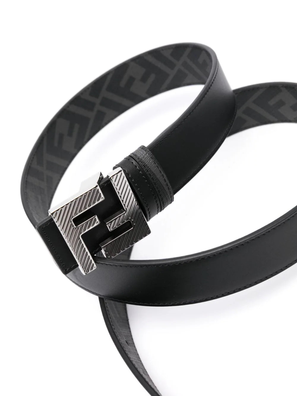 FENDI Reversible Belt In Black Leather And Black Ff Canvas