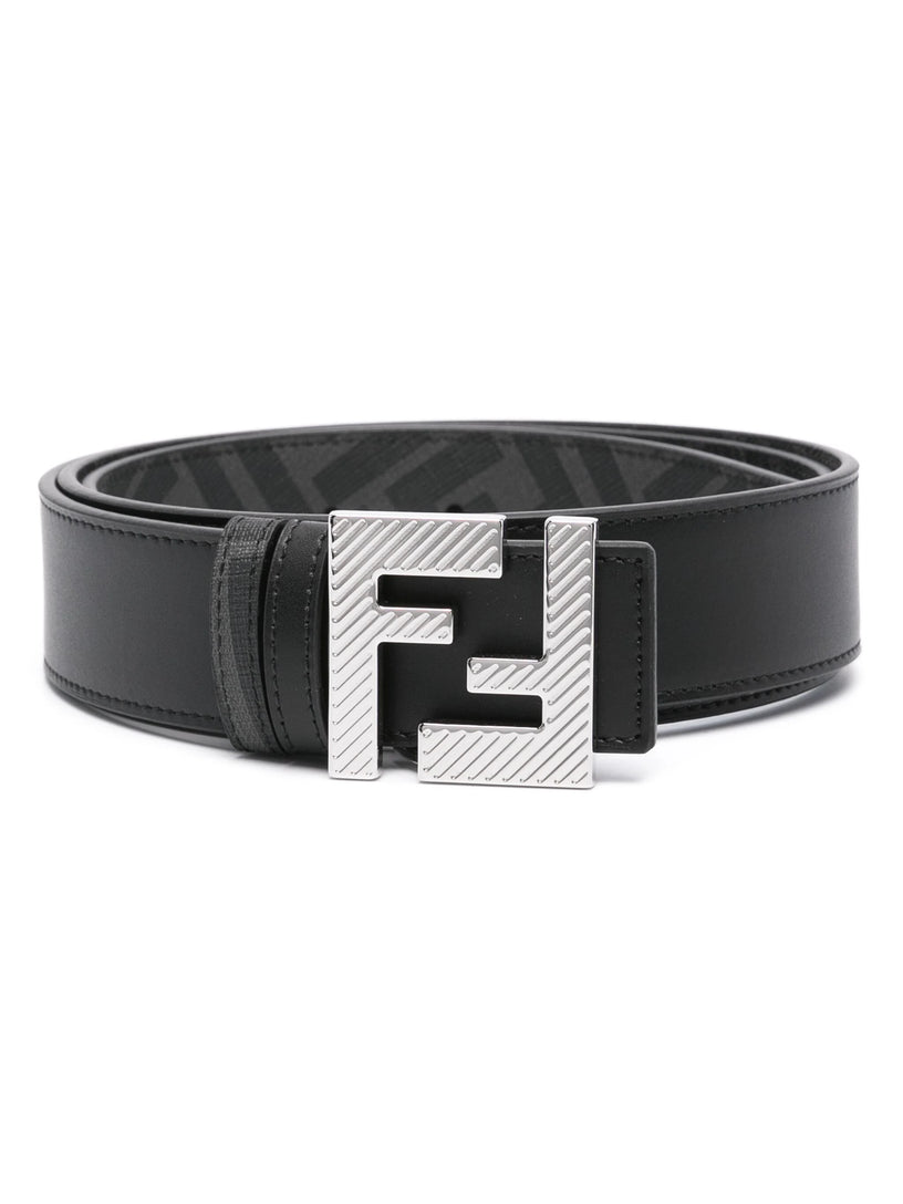 FENDI Reversible belt in black leather and black ff canvas