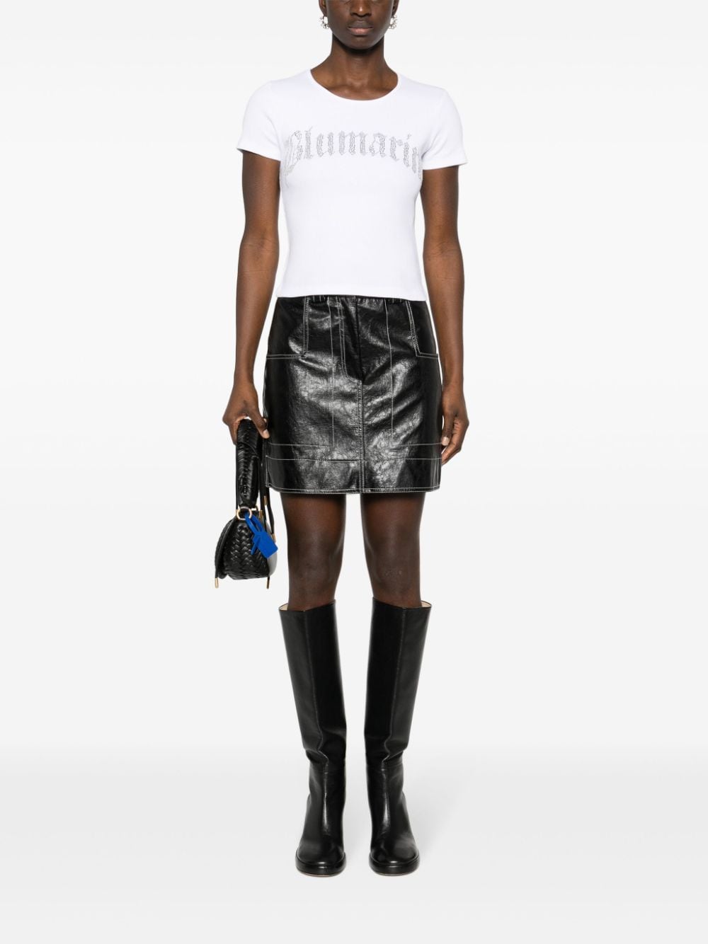 Blumarine Ribbed T-shirt With Blumarine Logo In Rhinestones