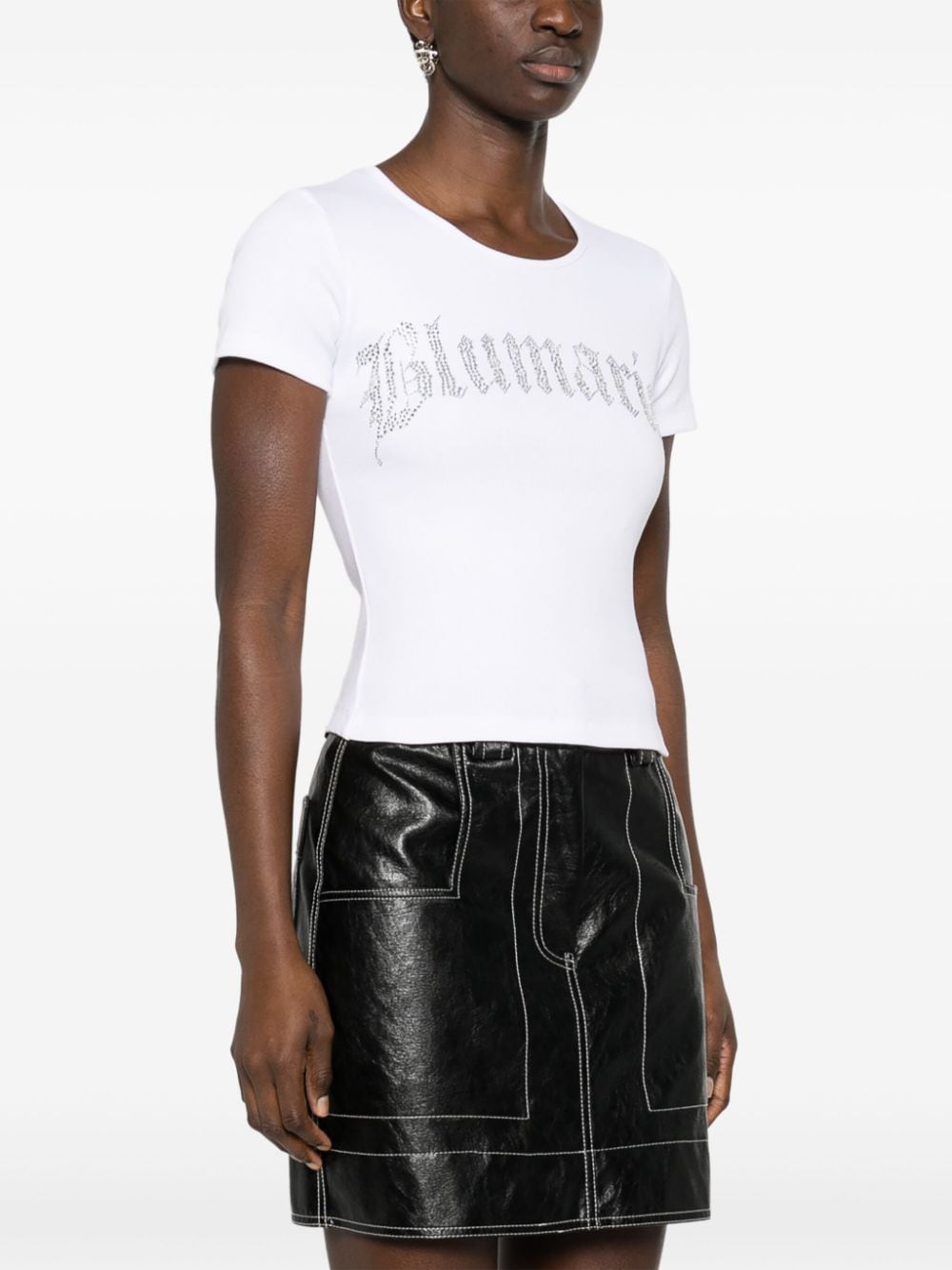 Blumarine Ribbed T-shirt With Blumarine Logo In Rhinestones