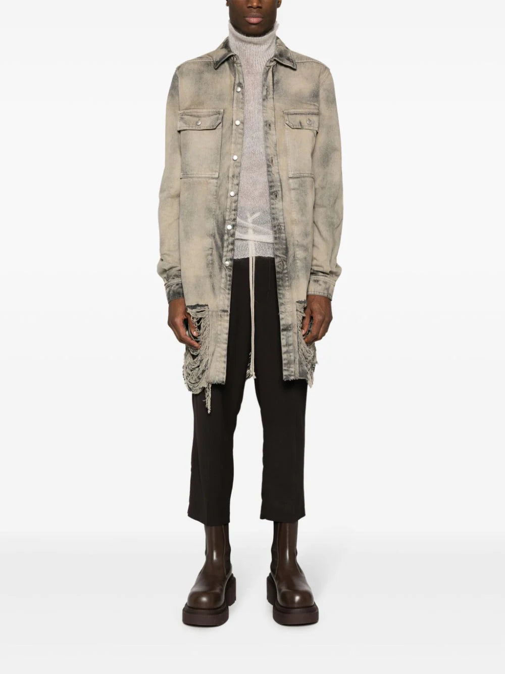 RICK OWENS Outershirt In 58 Mineral Fringed