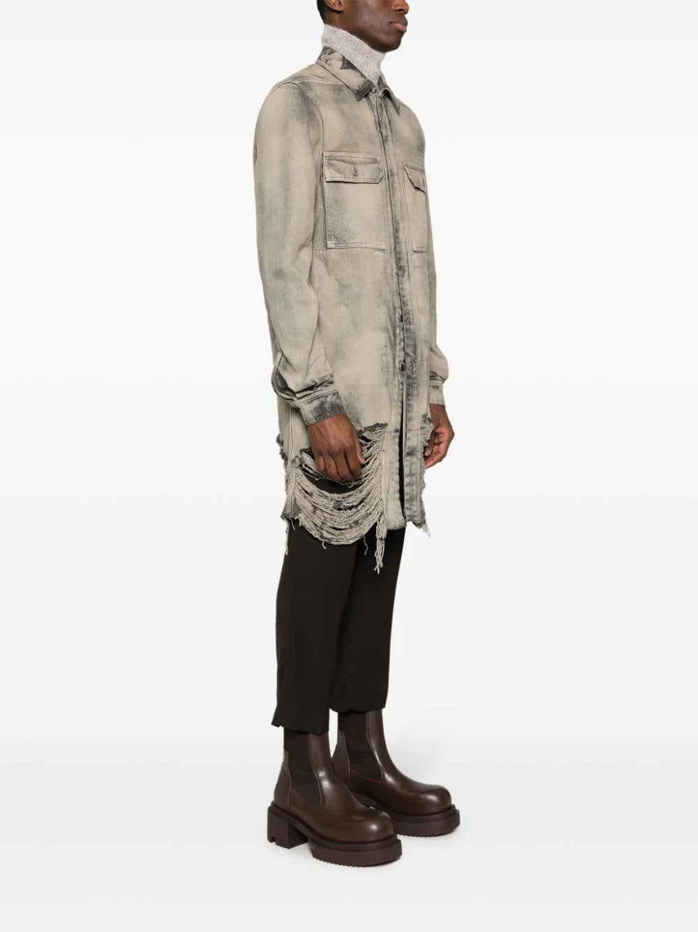 RICK OWENS Outershirt In 58 Mineral Fringed
