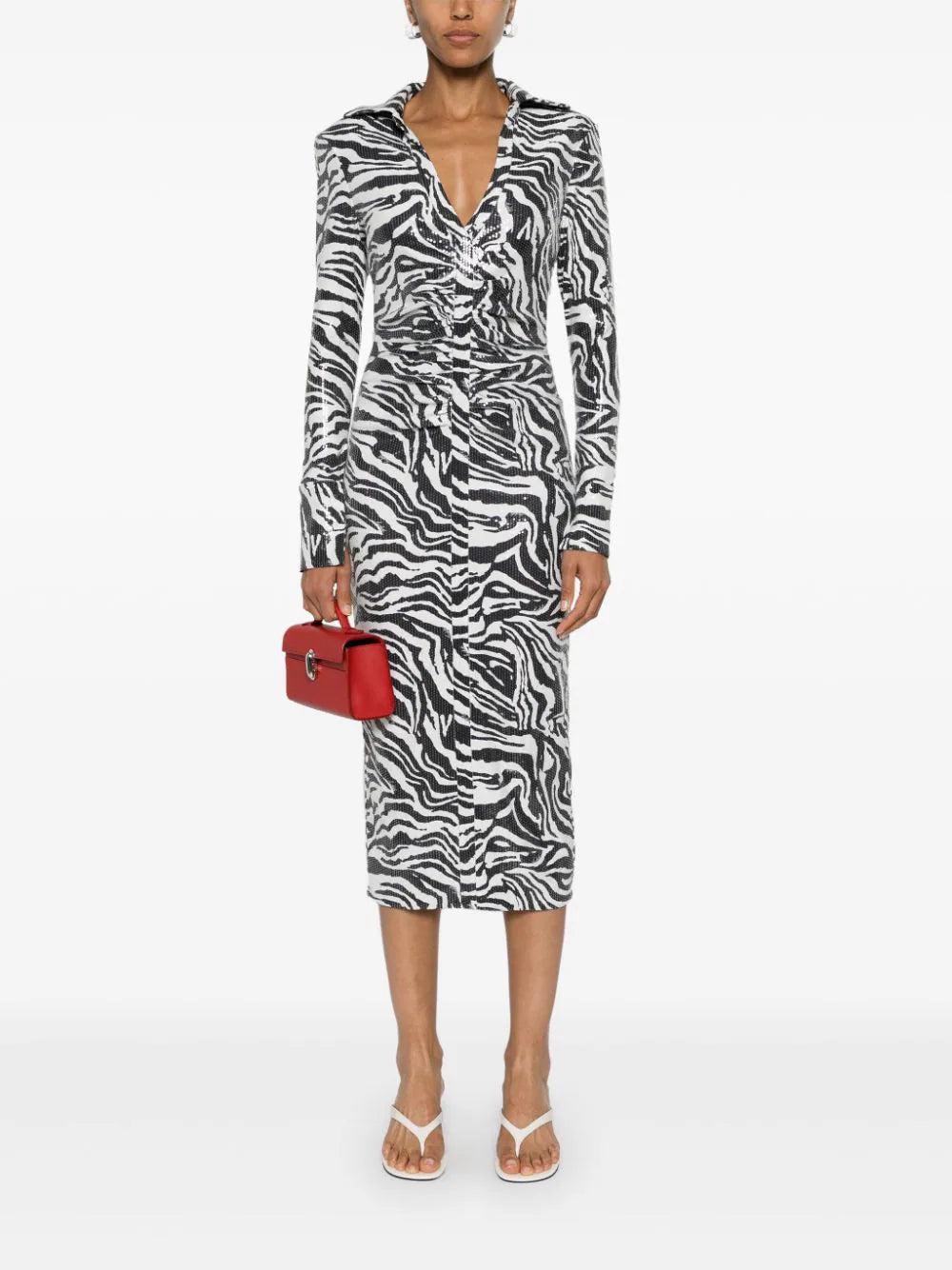 ROTATE Sequins Midi Shirt Dress Zebra Print