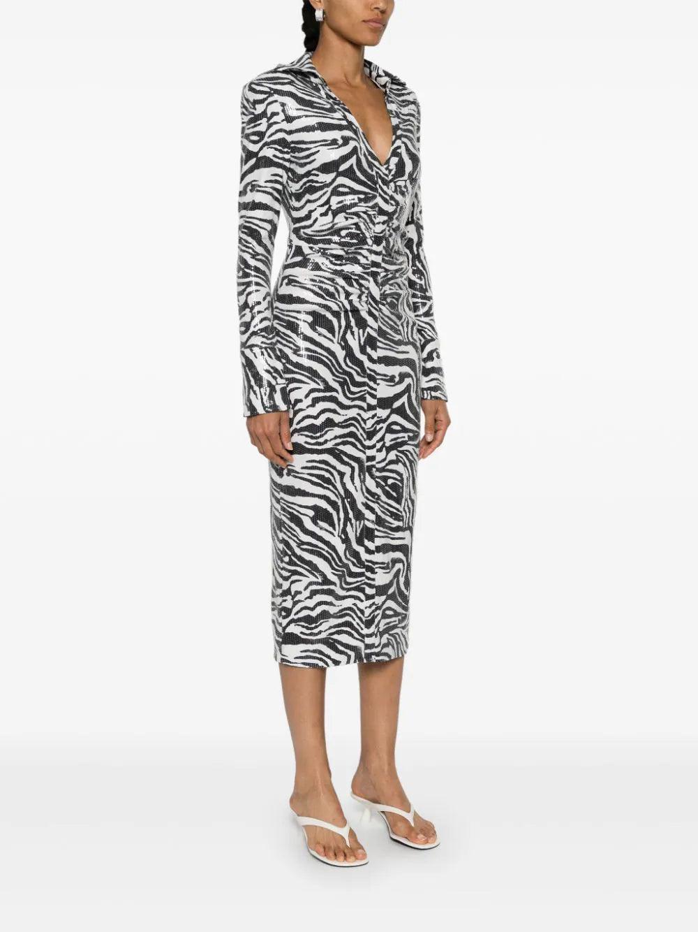 ROTATE Sequins Midi Shirt Dress Zebra Print
