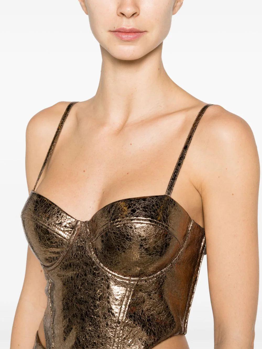 ROTATE Textured Corset Top Metallic Brown