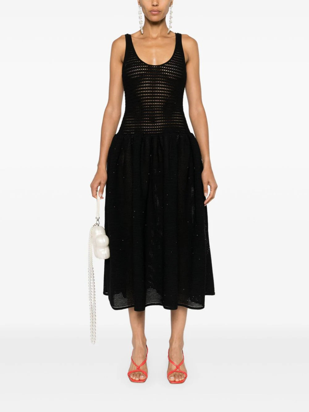 SELF PORTRAIT Black Crochet Knit Midi Dress