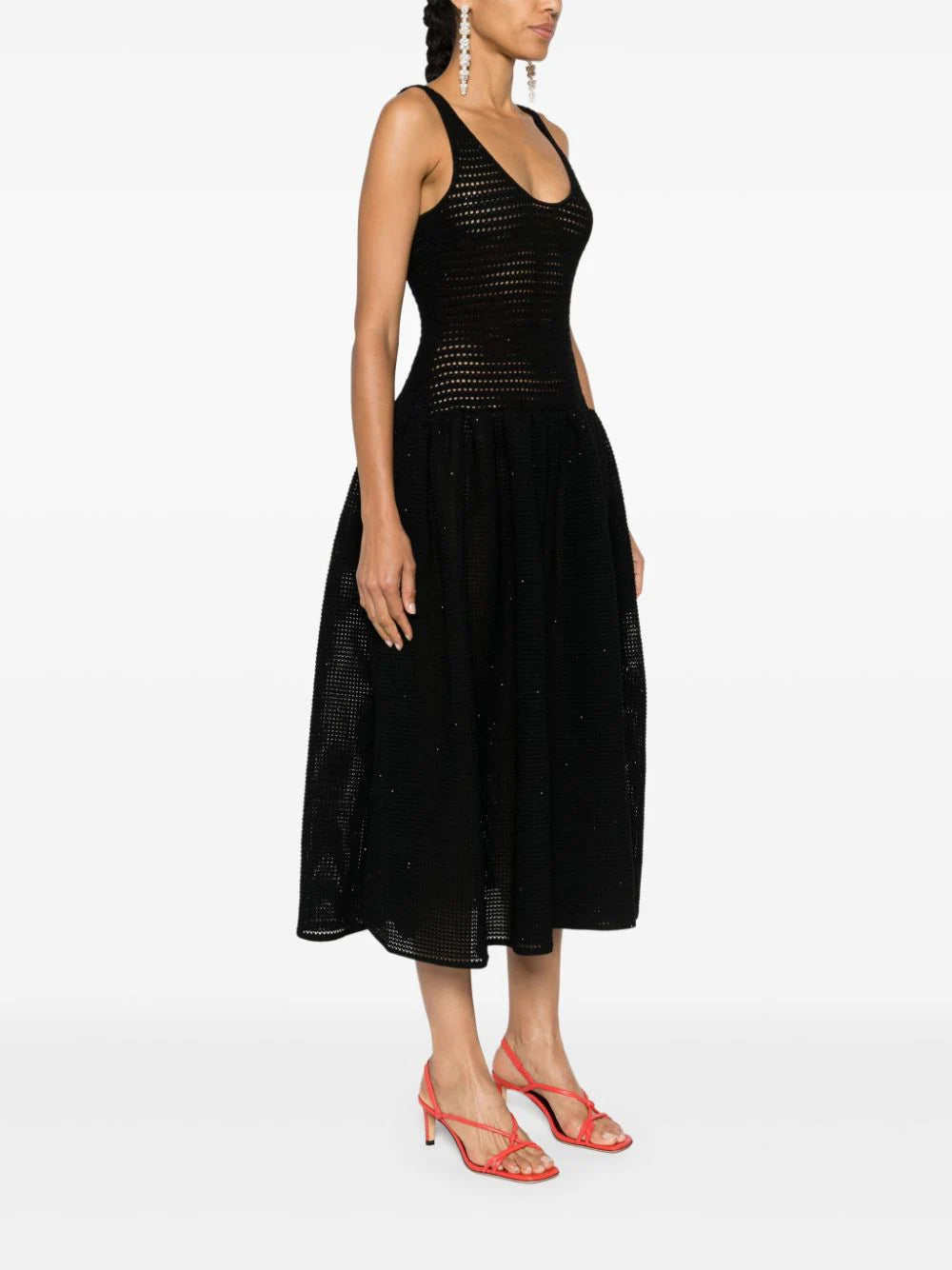 SELF PORTRAIT Black Crochet Knit Midi Dress