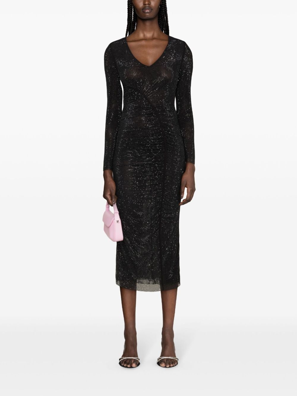 SELF PORTRAIT Black Rhinestone Gathered Midi Dress
