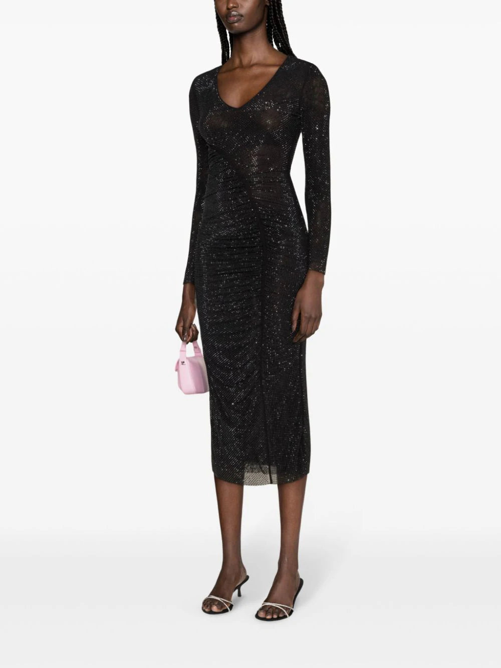 SELF PORTRAIT Black Rhinestone Gathered Midi Dress