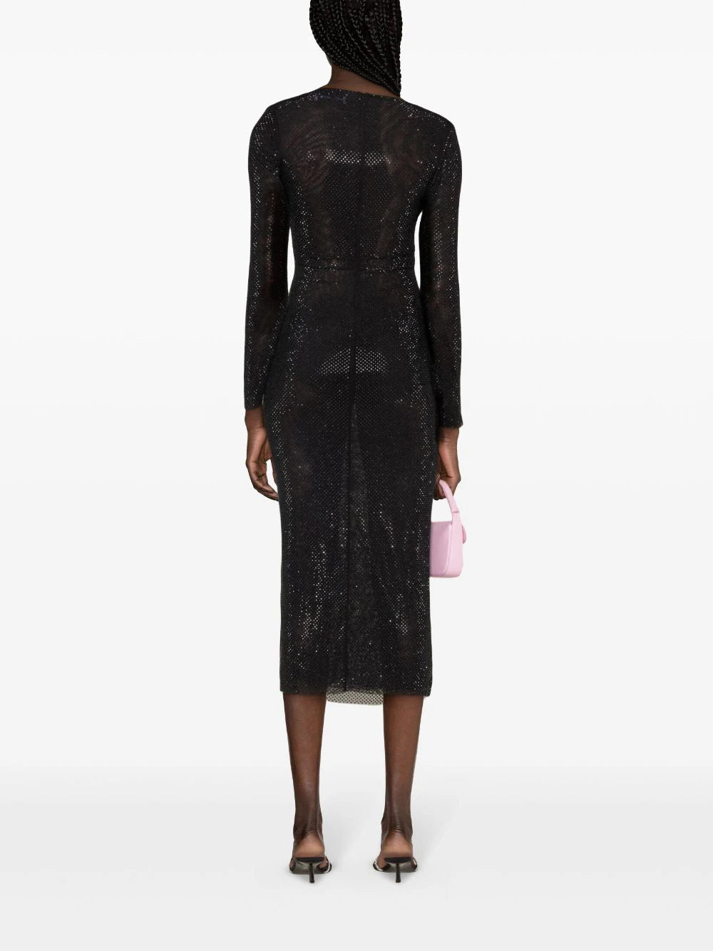 SELF PORTRAIT Black Rhinestone Gathered Midi Dress