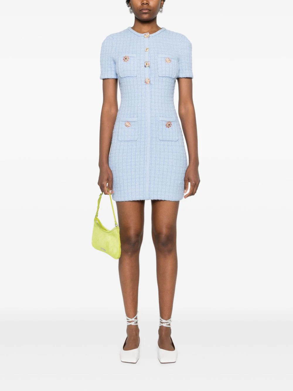 SELF PORTRAIT Blue Jewel Button Knit Mini Dress