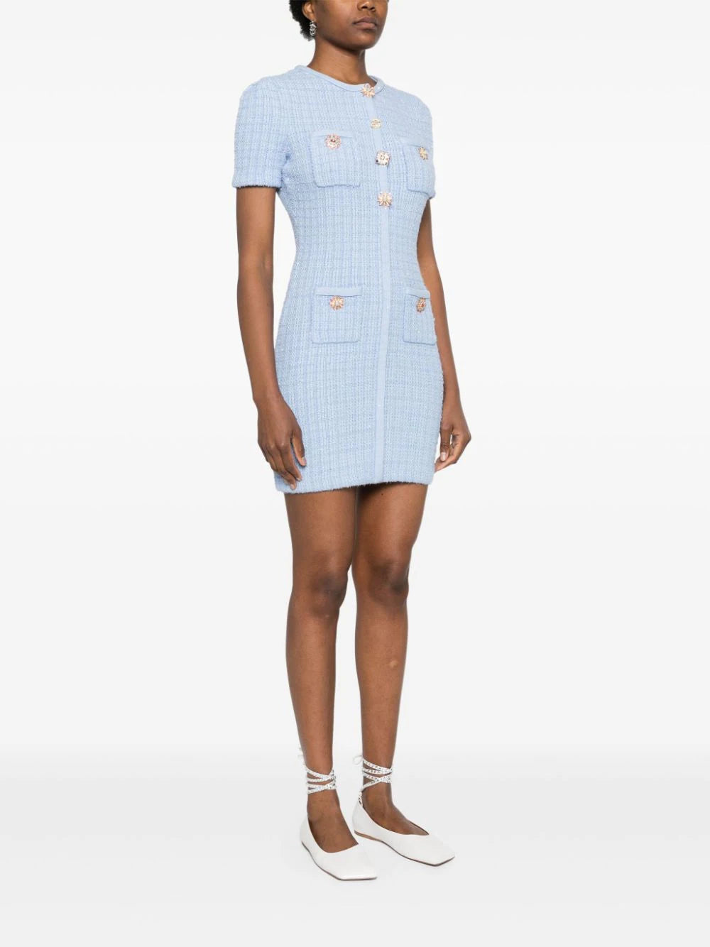 SELF PORTRAIT Blue Jewel Button Knit Mini Dress