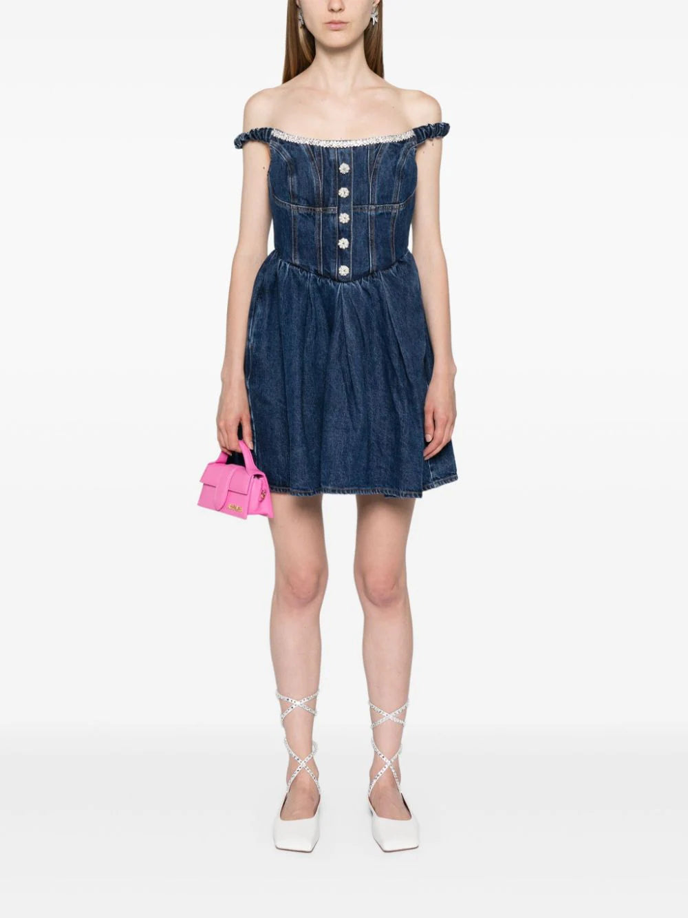 SELF PORTRAIT Denim Off Shoulder Mini Dress