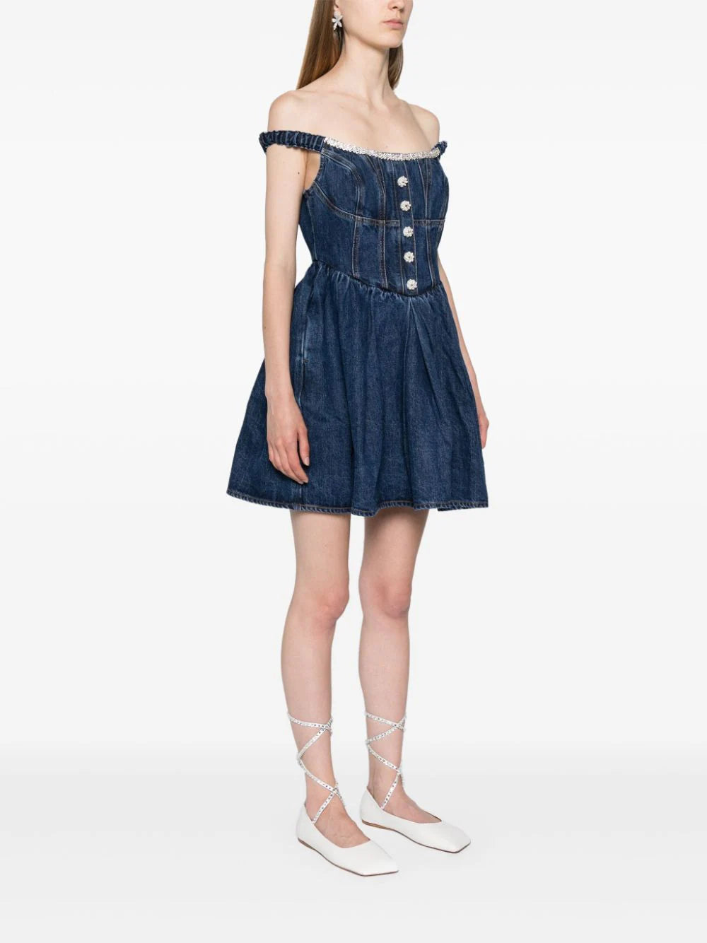 SELF PORTRAIT Denim Off Shoulder Mini Dress