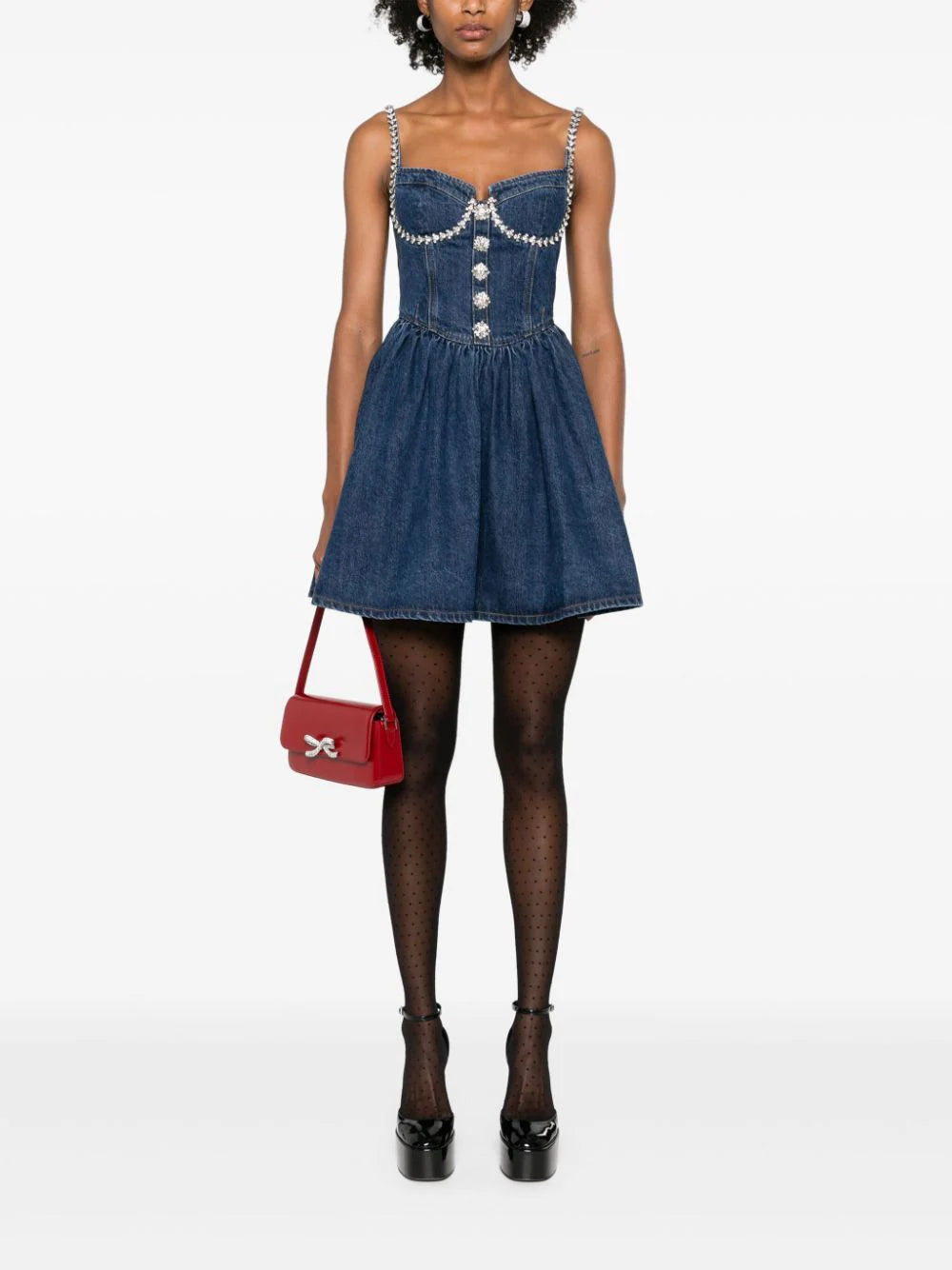 SELF PORTRAIT Diamante Denim Flared Mini Dress
