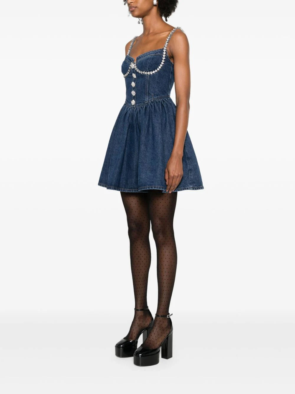 SELF PORTRAIT Diamante Denim Flared Mini Dress