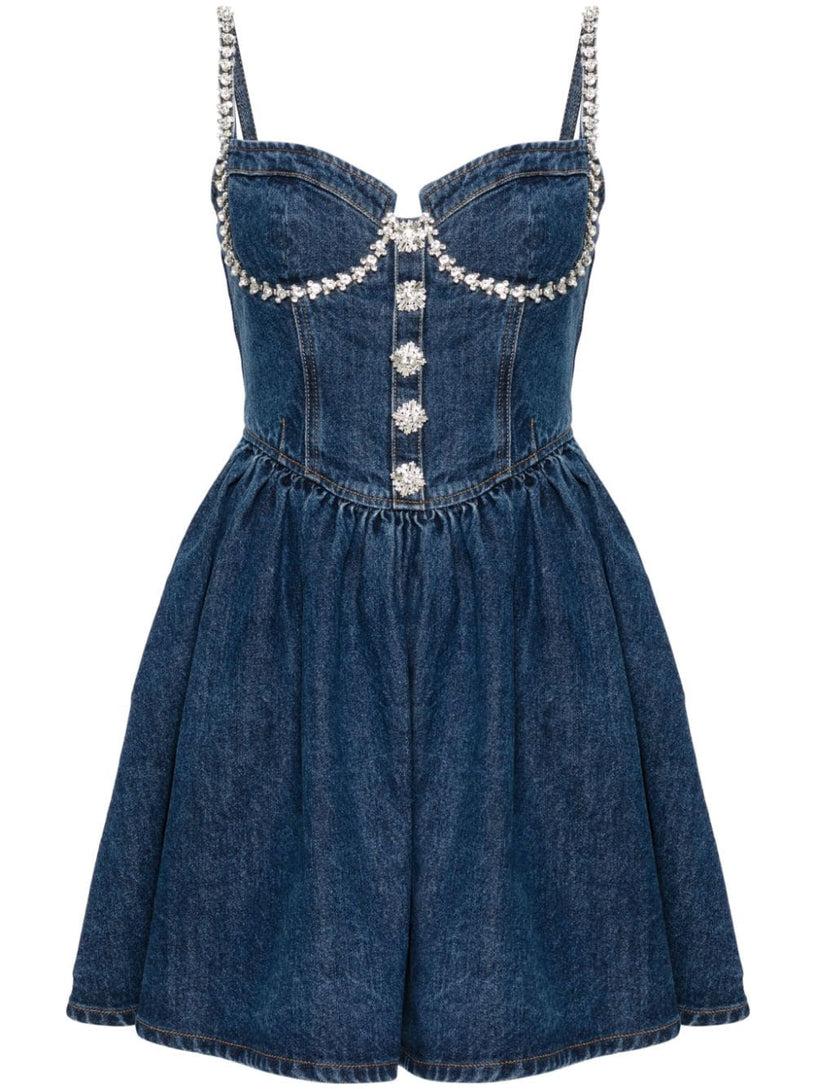 SELF PORTRAIT Diamante denim flared mini dress