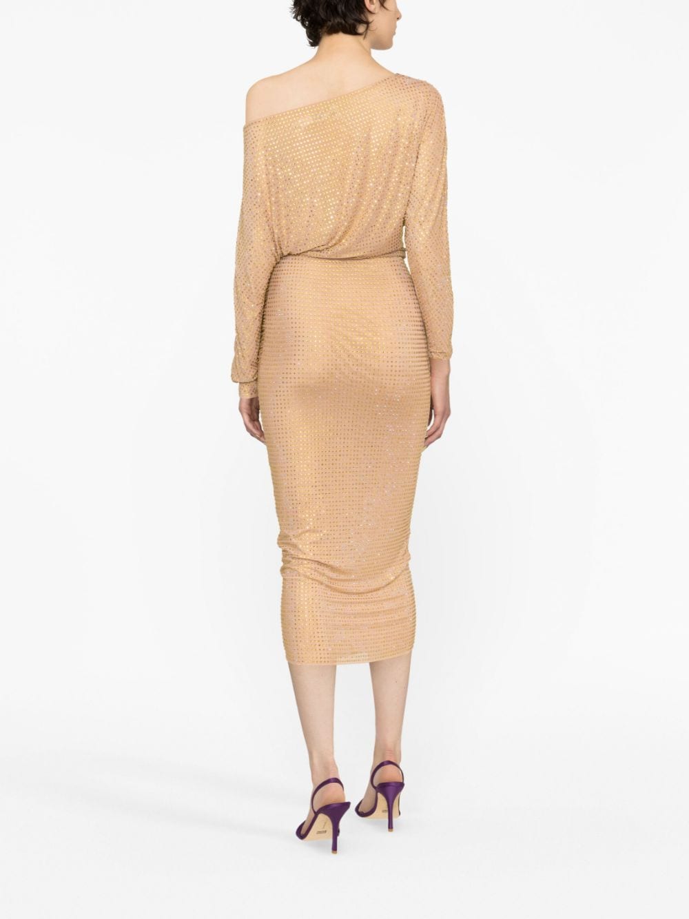SELF PORTRAIT Gold Rhinestone Mesh Midi Dress