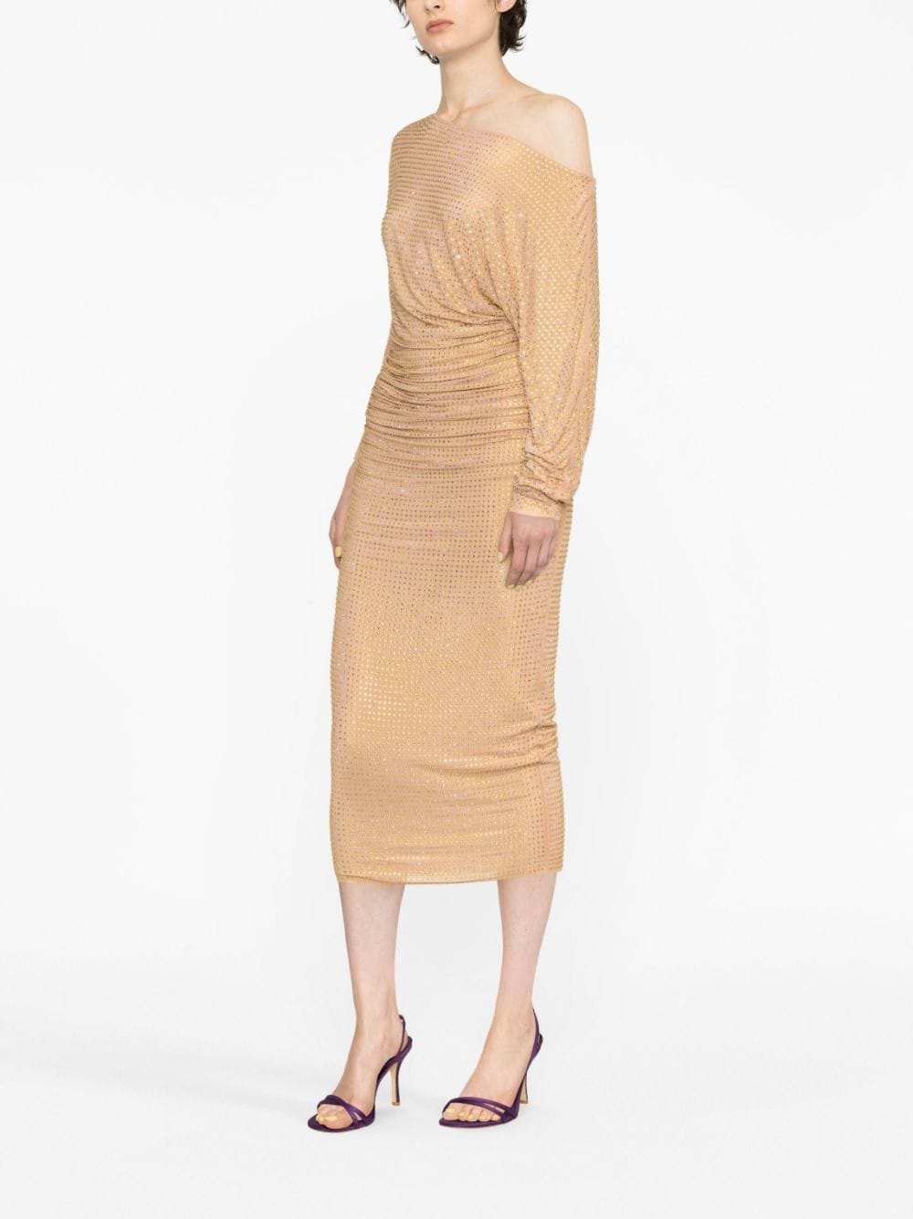 SELF PORTRAIT Gold Rhinestone Mesh Midi Dress
