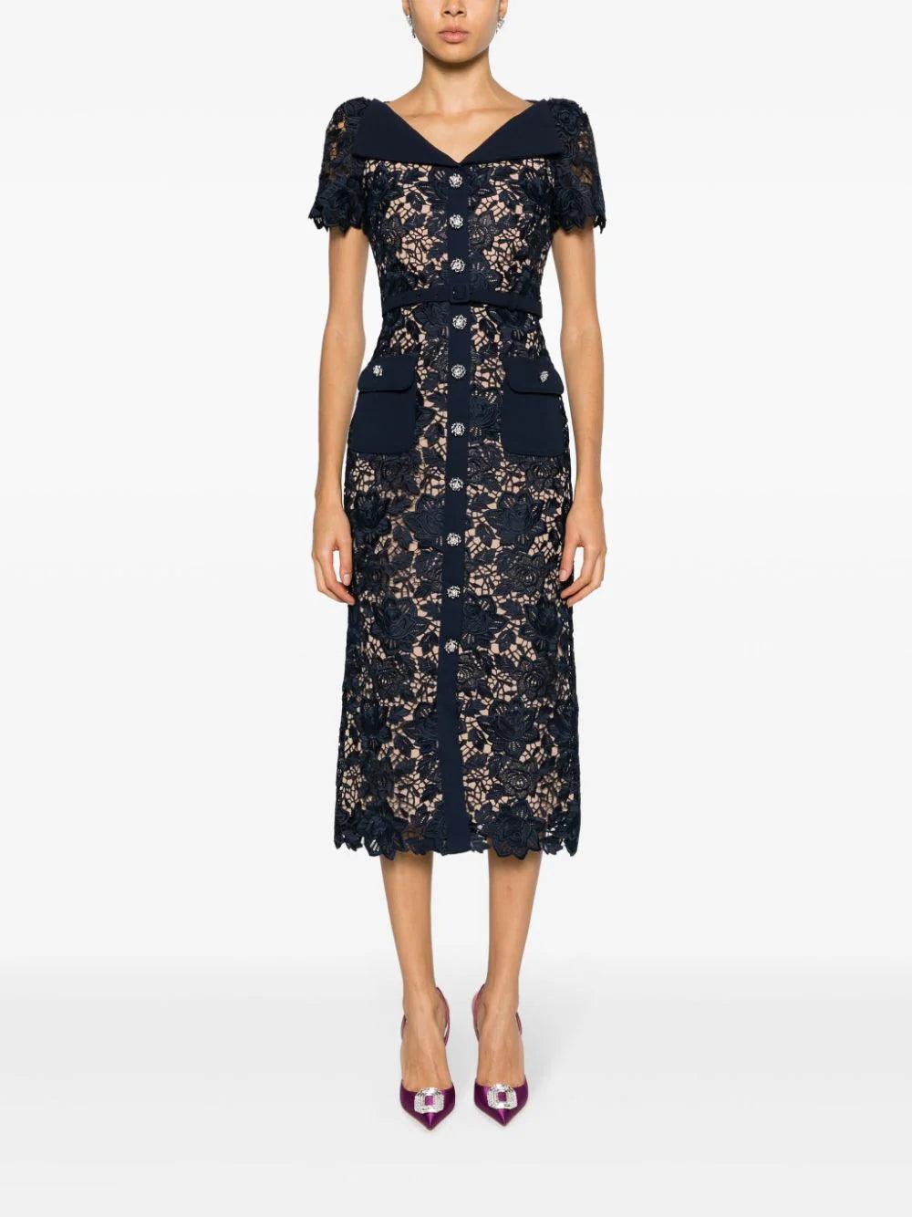 SELF PORTRAIT Navy Lace Open Neck Midi Dress