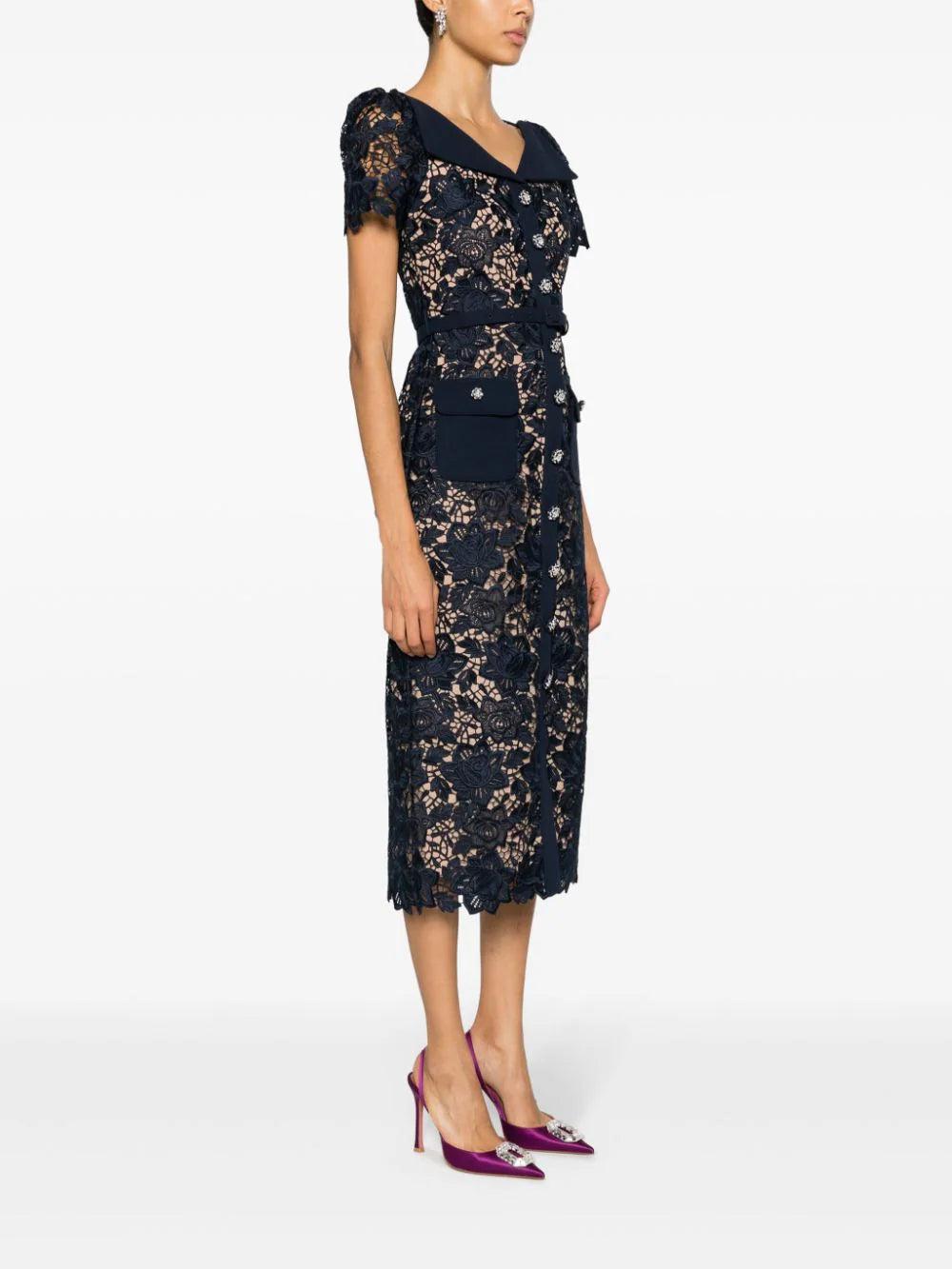 SELF PORTRAIT Navy Lace Open Neck Midi Dress