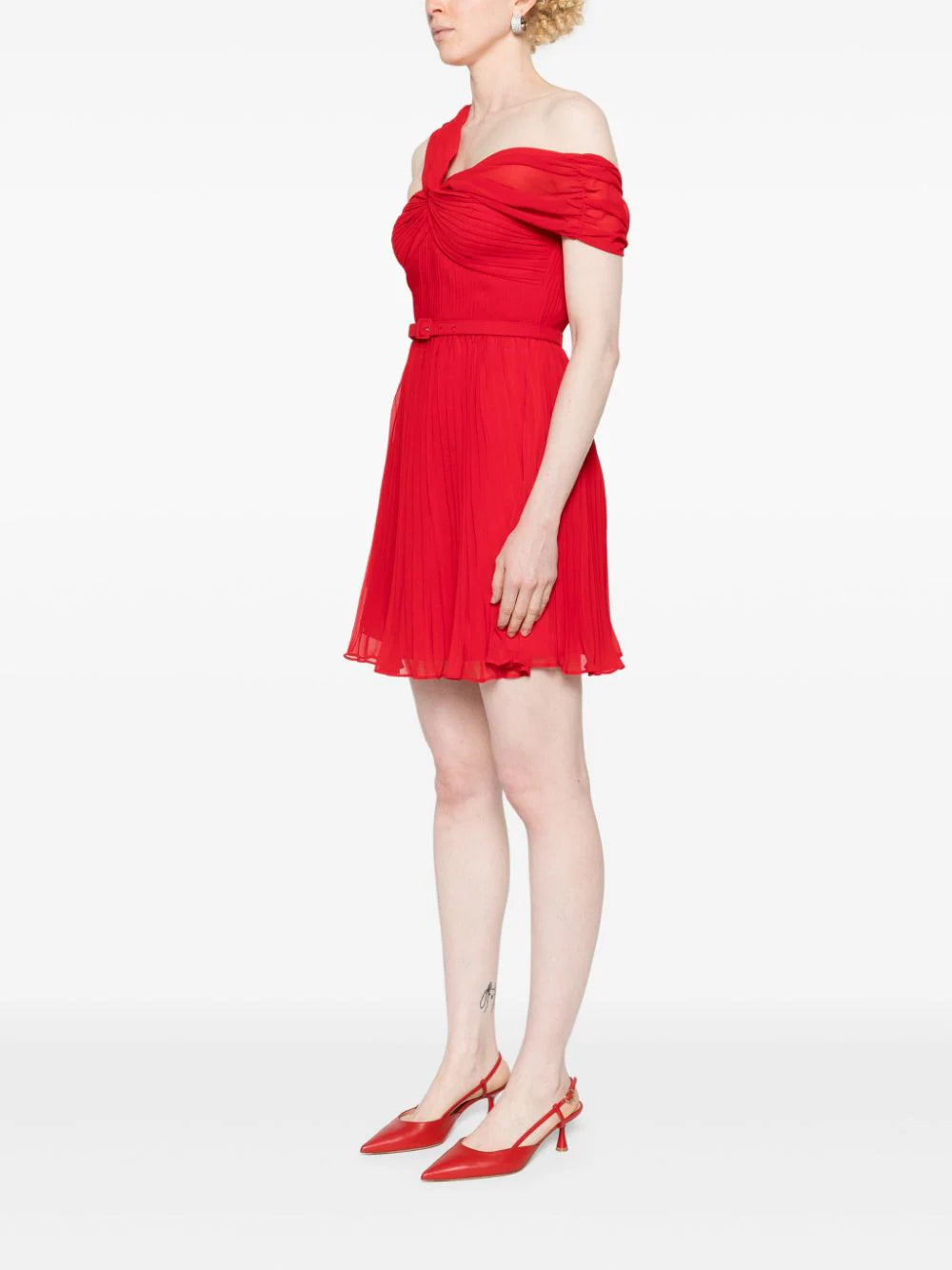 SELF PORTRAIT Red Off Shoulder Chiffon Mini Dress