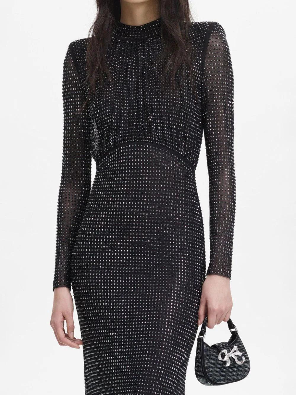 SELF PORTRAIT Rhinestone Mesh Maxi Dress