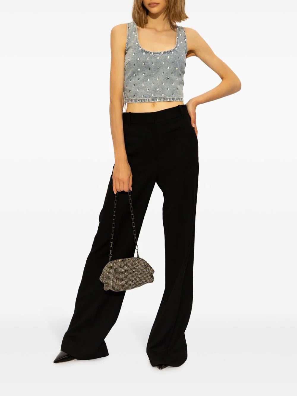 SELF PORTRAIT Square Rhinestone Denim Top
