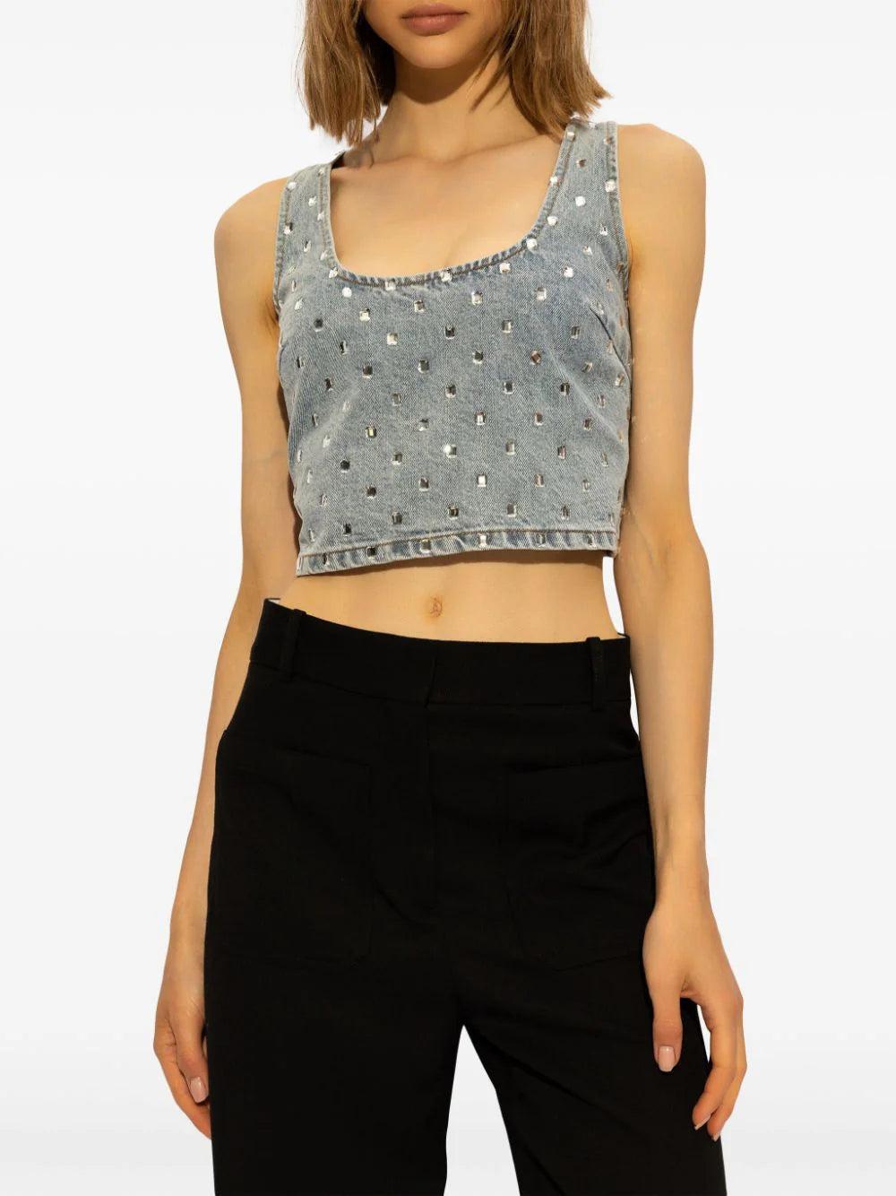 SELF PORTRAIT Square Rhinestone Denim Top