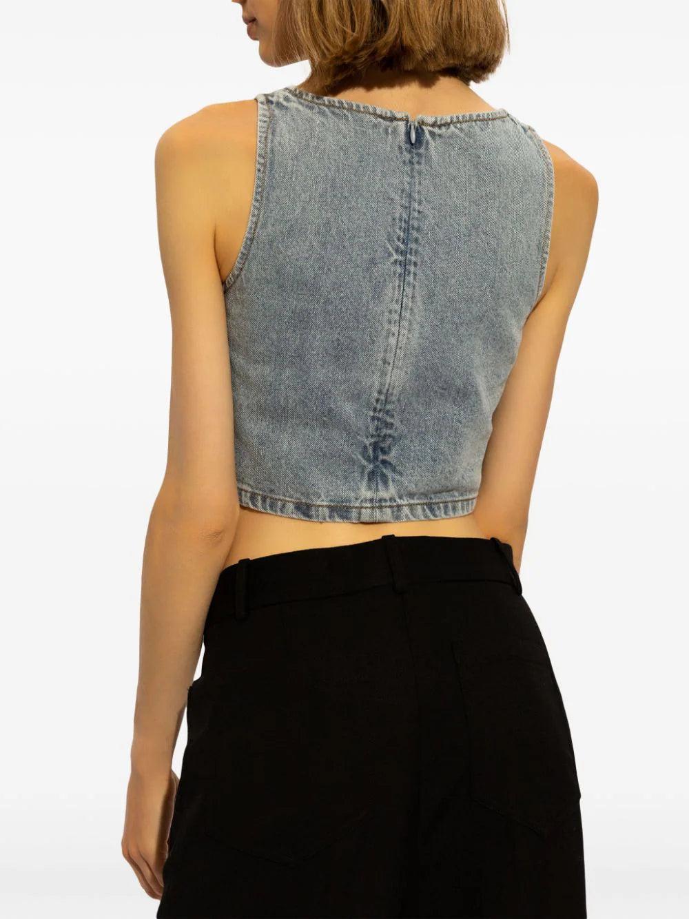 SELF PORTRAIT Square Rhinestone Denim Top