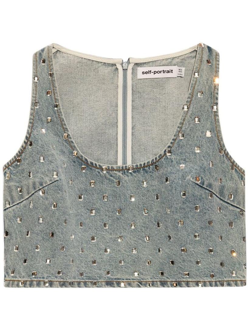 SELF PORTRAIT Square rhinestone denim top