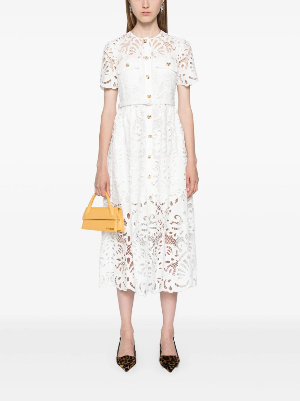 SELF PORTRAIT White Cotton Lace Button Midi Dress