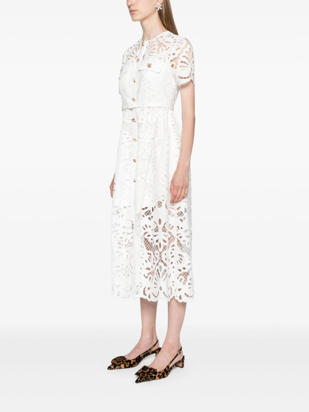 SELF PORTRAIT White Cotton Lace Button Midi Dress