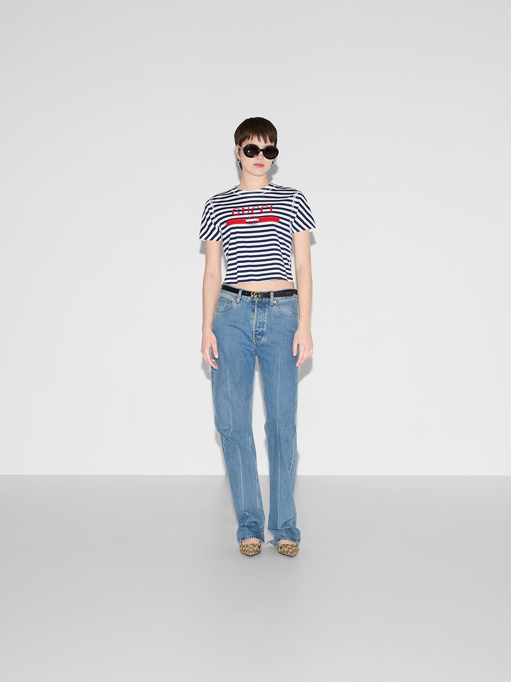 GUCCI Striped Cotton Jersey T-shirt With Gucci Print