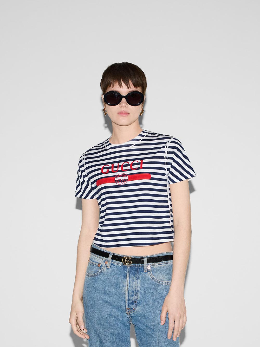 GUCCI Striped Cotton Jersey T-shirt With Gucci Print