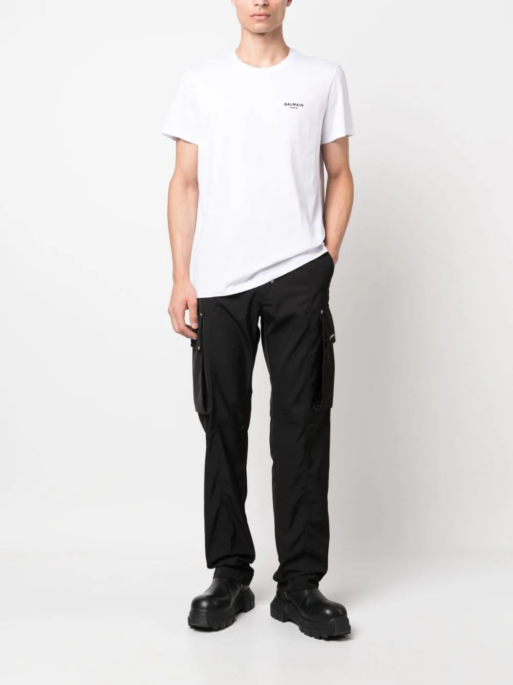 BALMAIN T-shirt With Mini Flocked Balmain Paris Logo