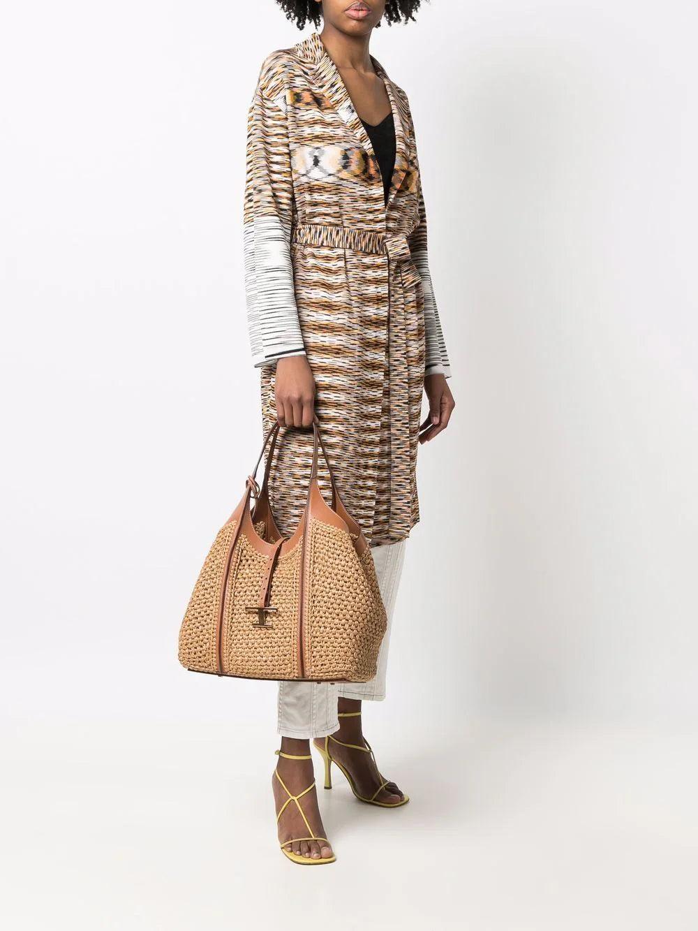 Tod's T Timeless Shopping Bag In Raffia And Leather Medium