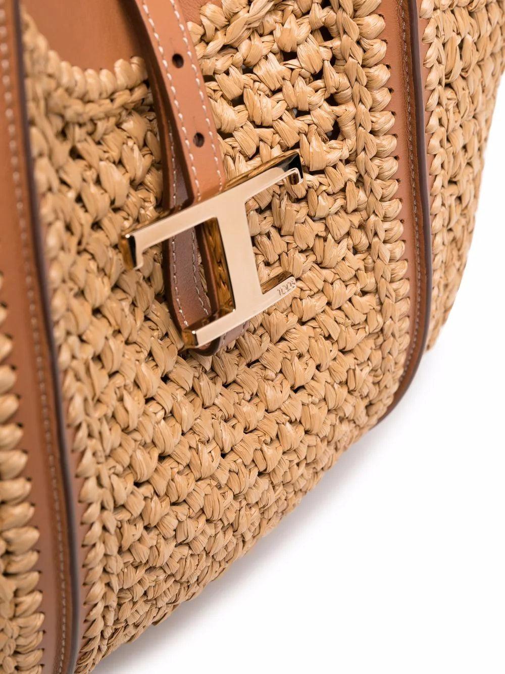 Tod's T Timeless Shopping Bag In Raffia And Leather Medium